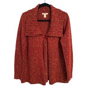 Ponsesa Women's Large Boho Multicolored Burnt Red Button Wide Collar Cardigan